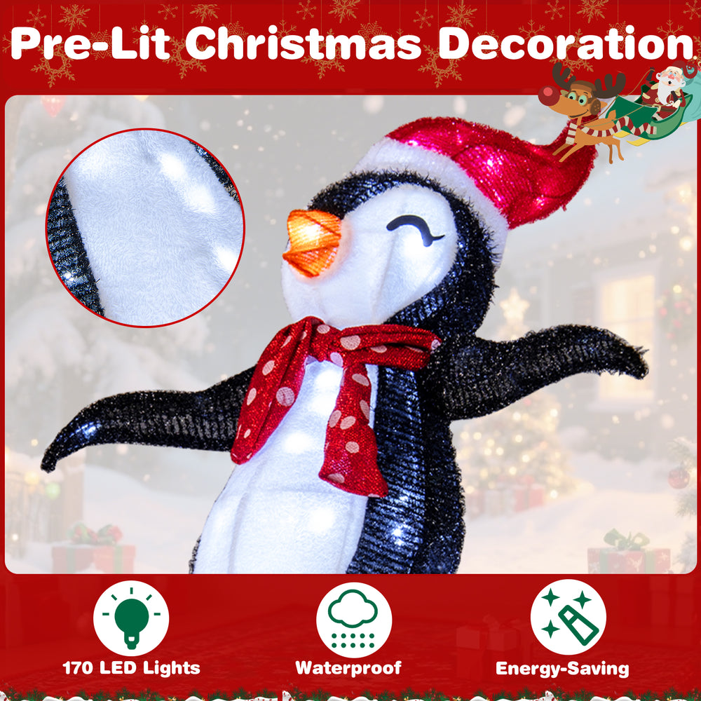 3D pre-lit penguin Christmas decoration with red hat, 170 LED lights, and durable fabric for indoor and outdoor use.