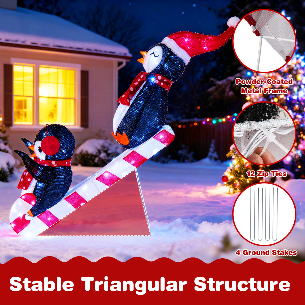 3D lighted Christmas decoration featuring penguins on a slide with 170 LED lights, ideal for indoor and outdoor display.