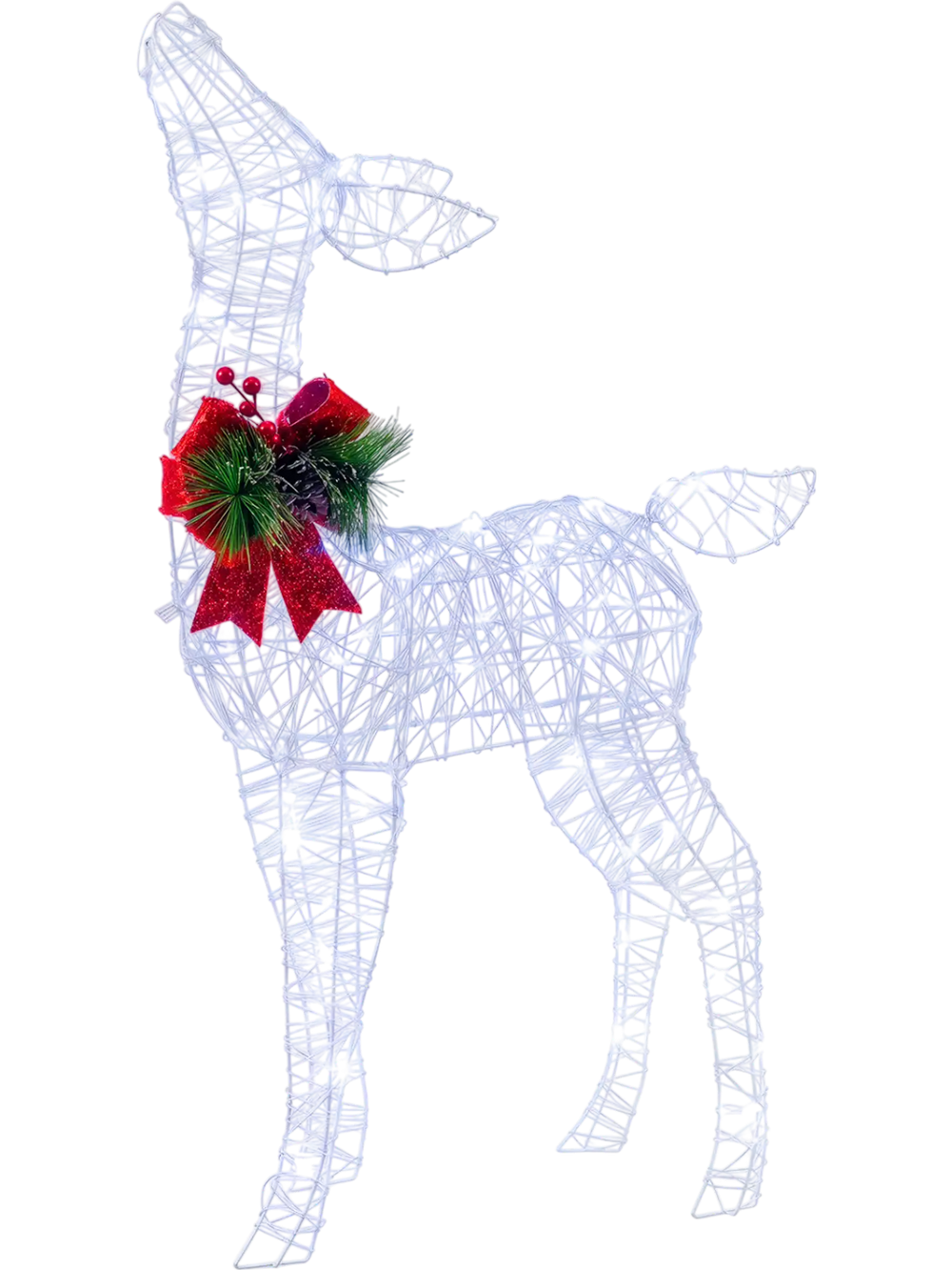 Lighted Christmas deer decoration features 50 cold white LED lights, a red ribbon bow, and a charming design for festive displays.