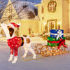 Pre-lit outdoor Xmas dog in a Santa outfit pulling a sleigh with gifts, ideal for festive porch decoration.