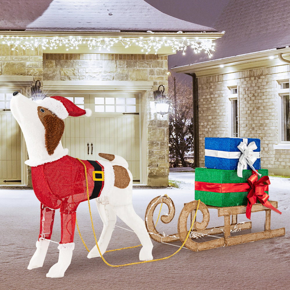Pre-lit outdoor Christmas dog and sleigh with 170 warm lights, perfect for festive porch decoration.