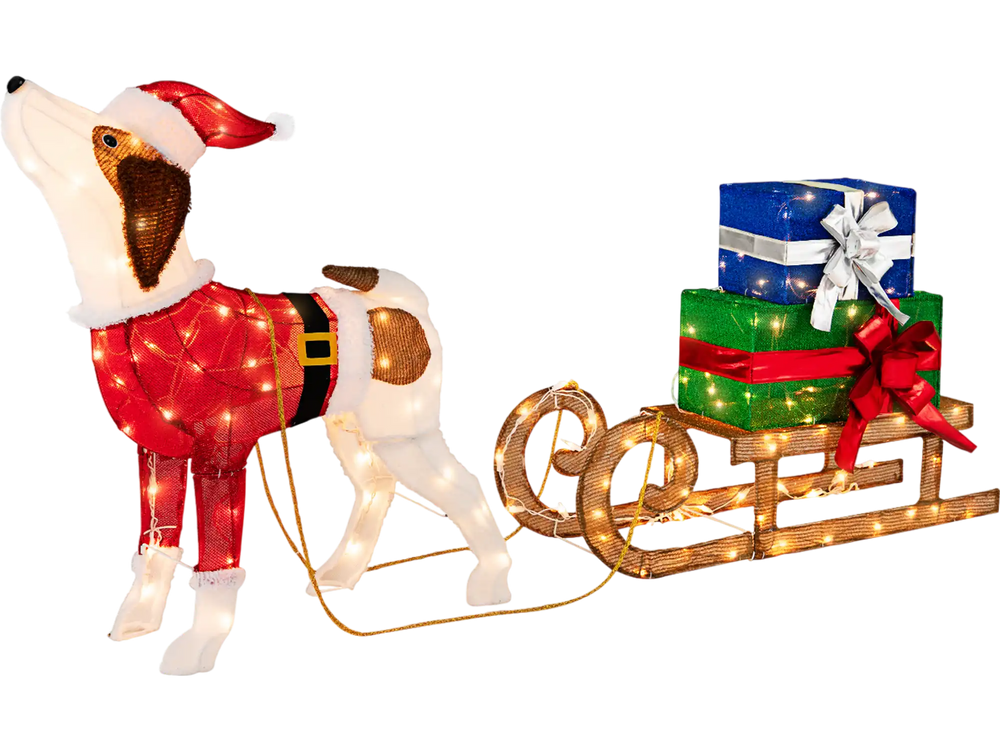 Outdoor Pre-lit Xmas Dog and Sleigh with 170 Warm Bright Lights for Porch