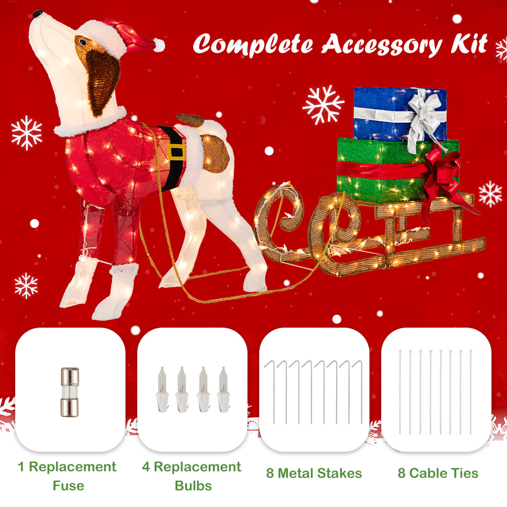 Outdoor pre-lit Xmas dog and sleigh with 170 warm lights, includes replacement bulbs and metal stakes for stability.