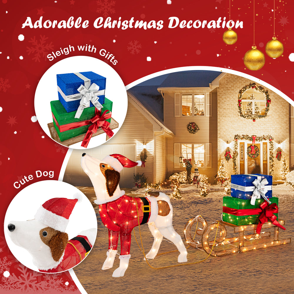 Outdoor pre-lit Xmas dog and sleigh decoration with 170 warm lights, perfect for festive porch and yard displays.