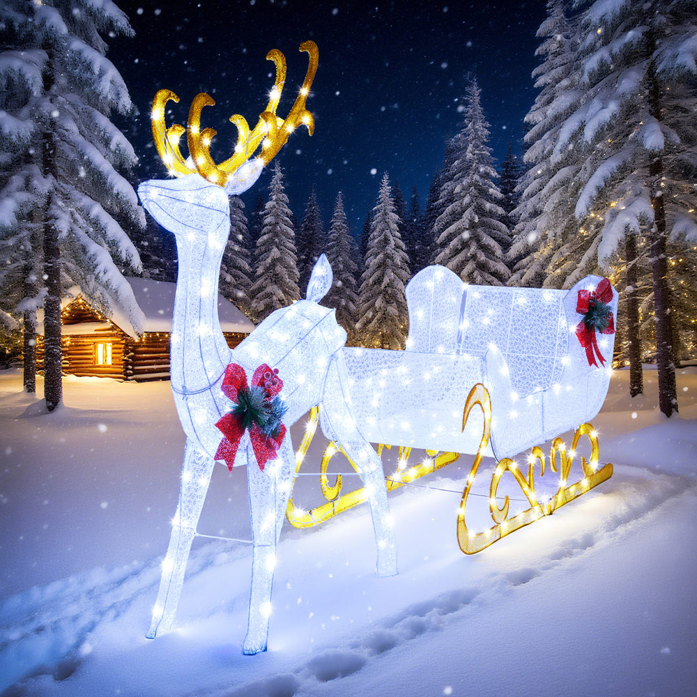 Lighted 6 feet Christmas reindeer and sleigh decoration with 215 LED lights for festive outdoor display.
