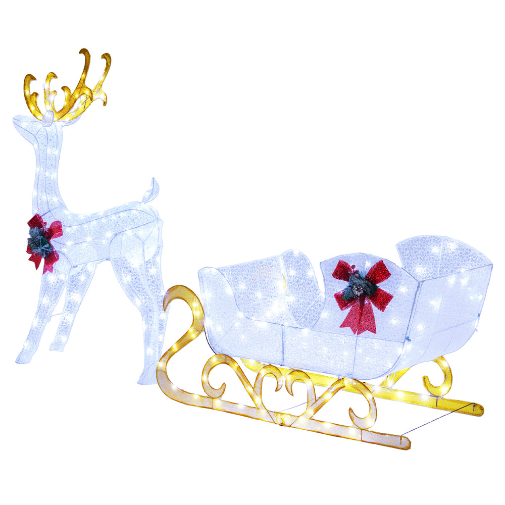 Pre-lit Santa's sleigh with decorative bows and 215 LED lights, perfect for enhancing your Christmas outdoor décor.