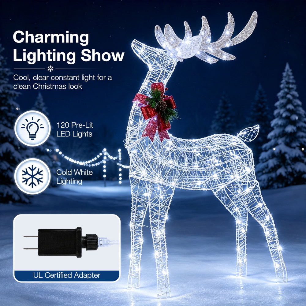 Lighted Christmas reindeer decoration with 170 cold white LED lights, featuring a sturdy metal frame for outdoor display.