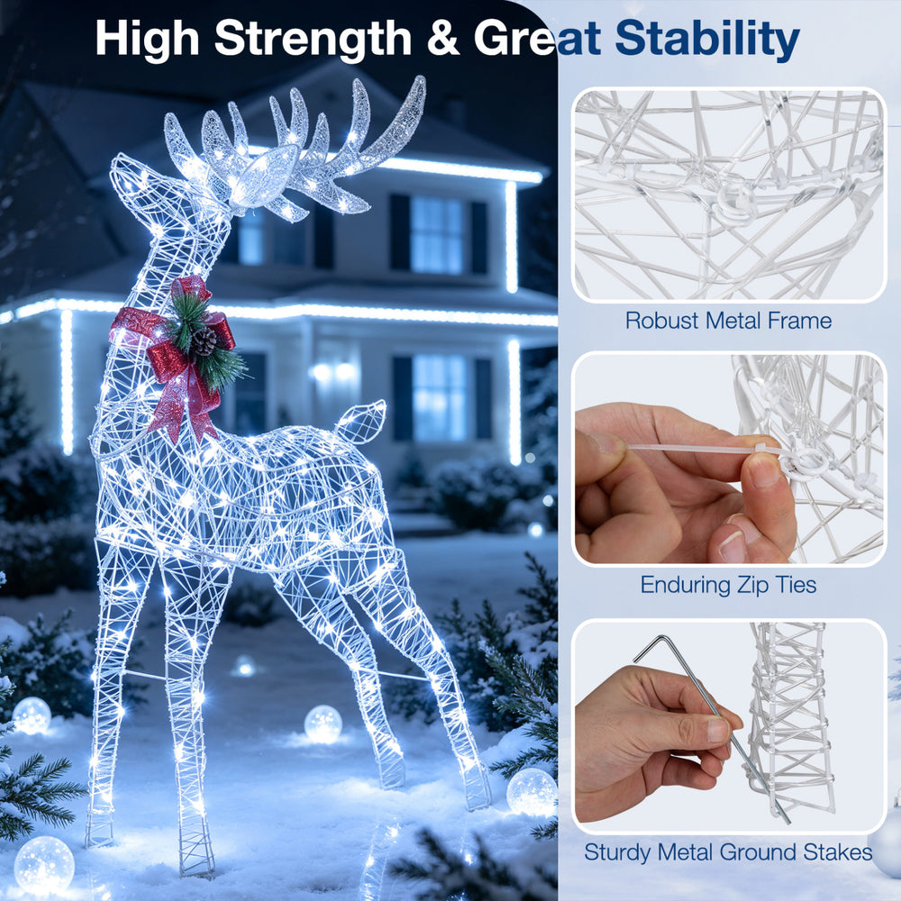 Lighted Christmas reindeer decoration showcases a robust metal frame and secure ground stakes for stable outdoor placement.