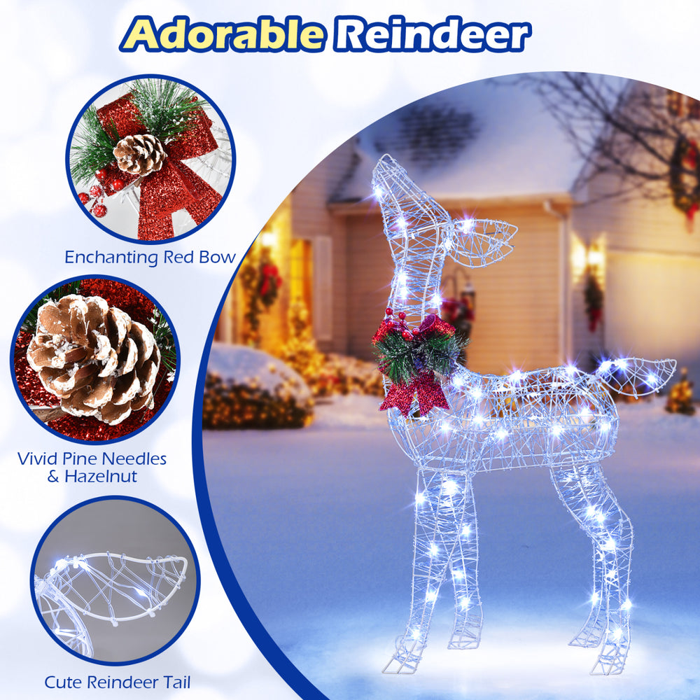 Lighted Christmas reindeer decoration features 170 cold white LED lights, vivid antlers, and a festive bow for outdoor display.