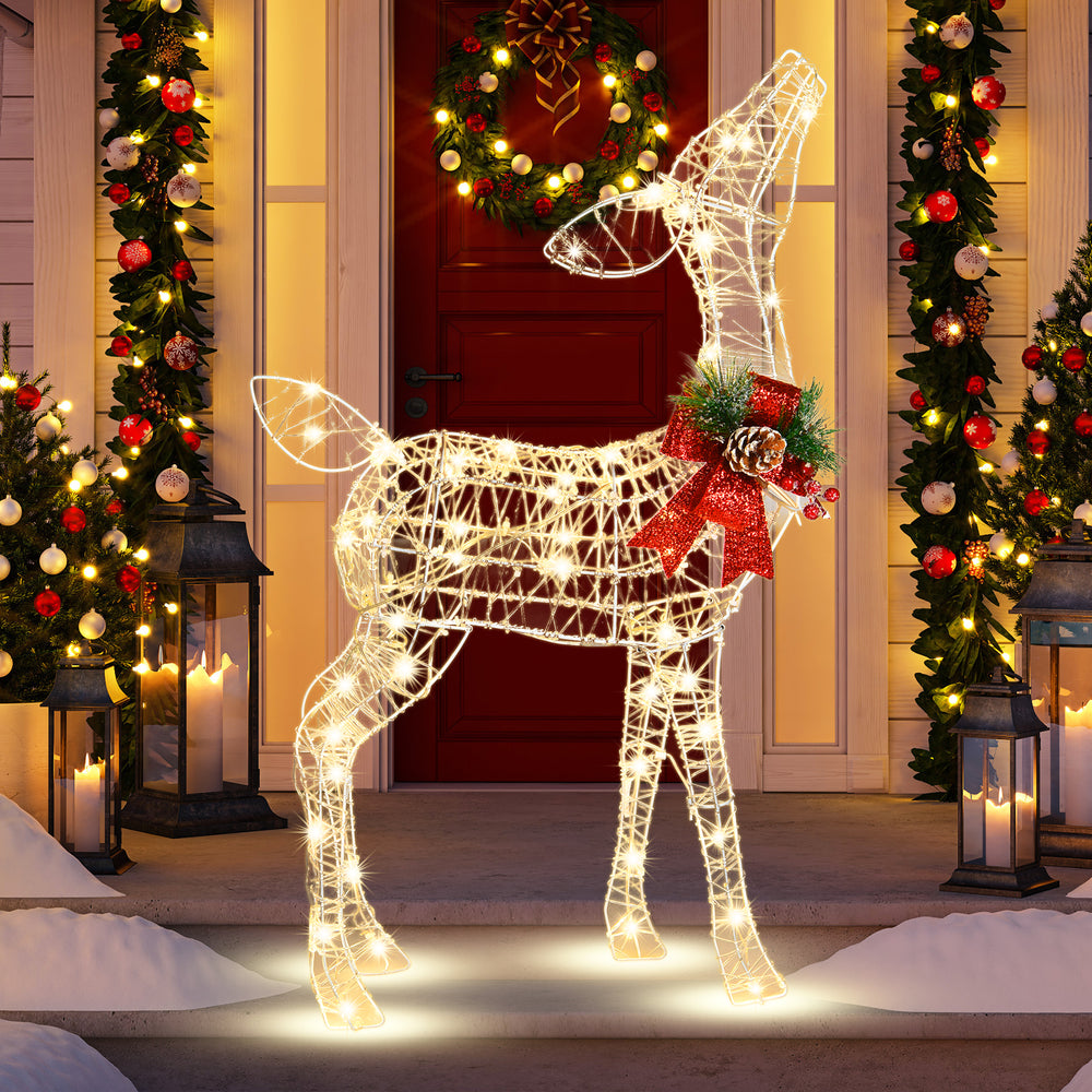 Lighted 34.5-inch Christmas reindeer decoration with 50 warm white LED lights and red ribbon, perfect for outdoor.
