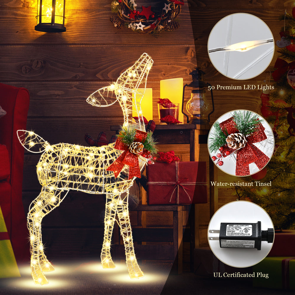 34.5-inch lighted Christmas reindeer decoration with 50 warm white LED lights and red ribbon, perfect for festive.