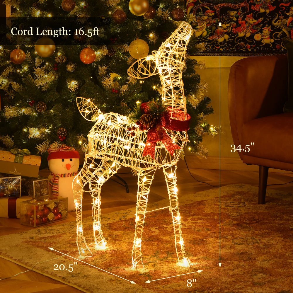 Lighted Christmas reindeer decoration, 34.5" tall with 50 warm white LED lights, featuring a red ribbon bow for festive.