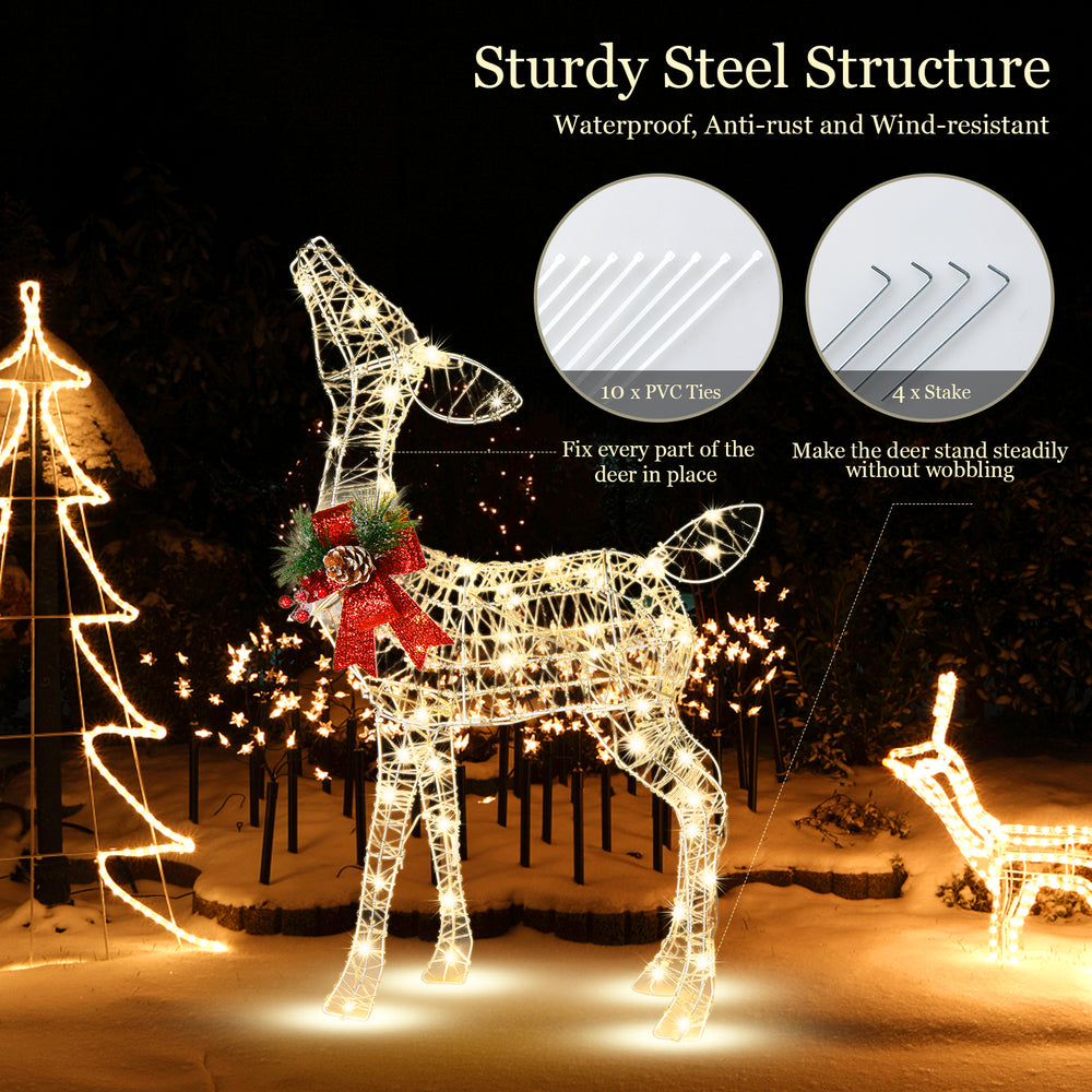 34.5-inch lighted Christmas reindeer decoration with 50 warm white LED lights, featuring a sturdy metal frame and red.