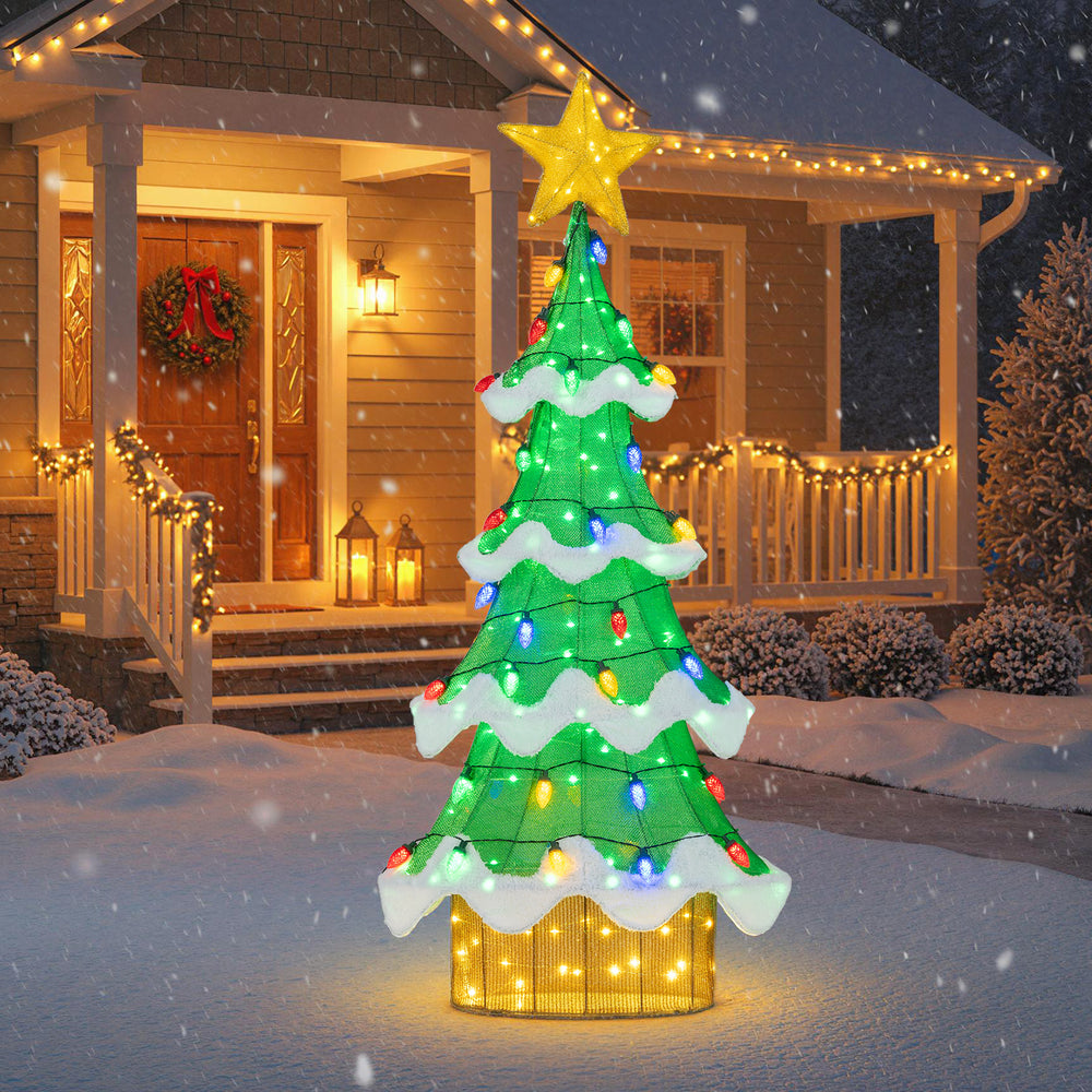 3D mesh lighted Christmas tree with 34 colorful bulbs and star topper, perfect for outdoor holiday decoration.