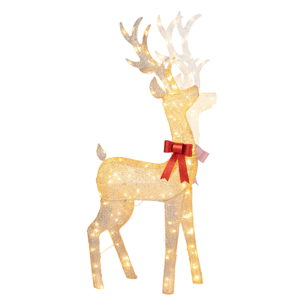 Golden Christmas reindeer featuring a shimmering surface, motorized head-shaking motion, and elegant bow for festive decor.