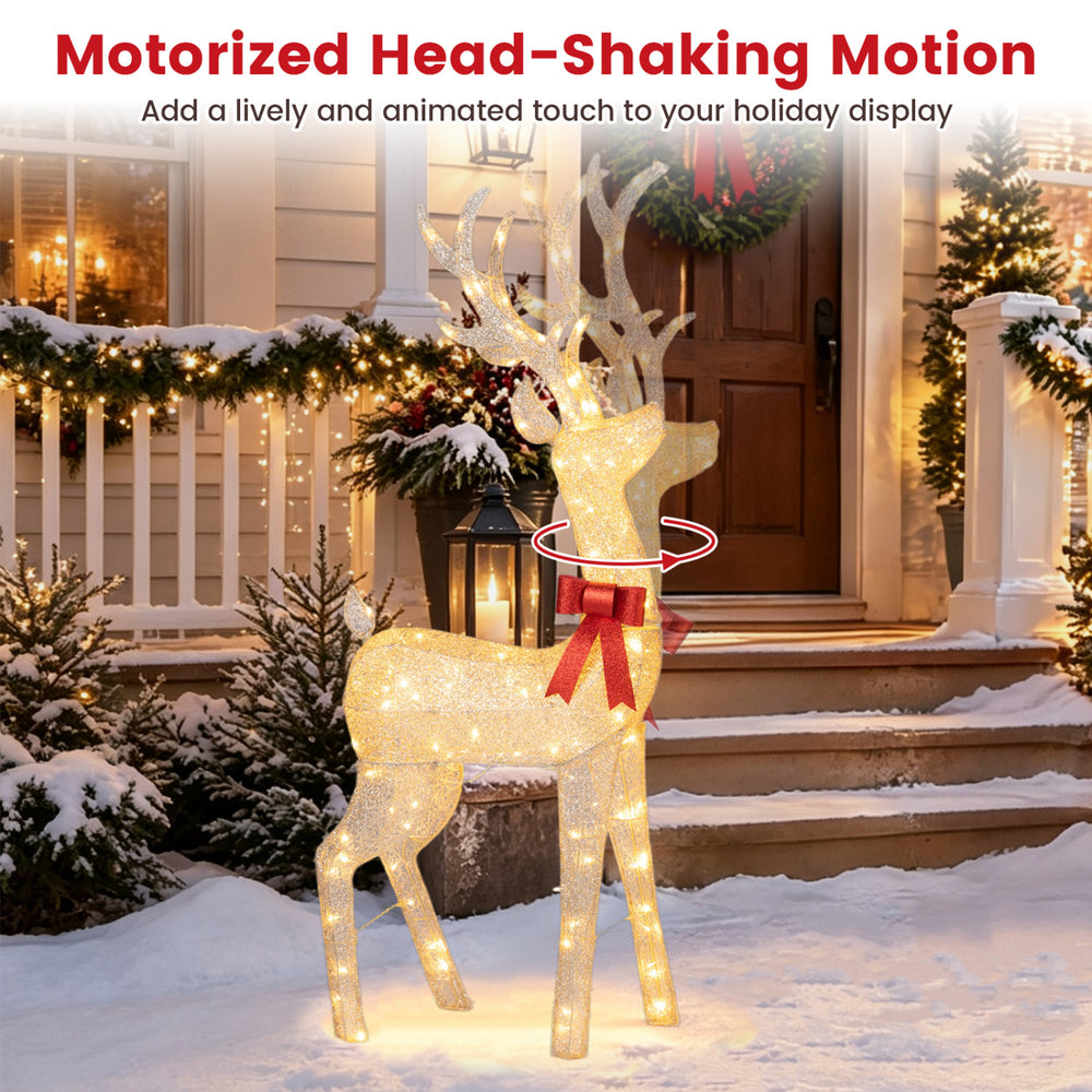 Lighted golden Christmas reindeer with motorized head-shaking motion and 130 warm yellow LED lights for festive outdoor displays.