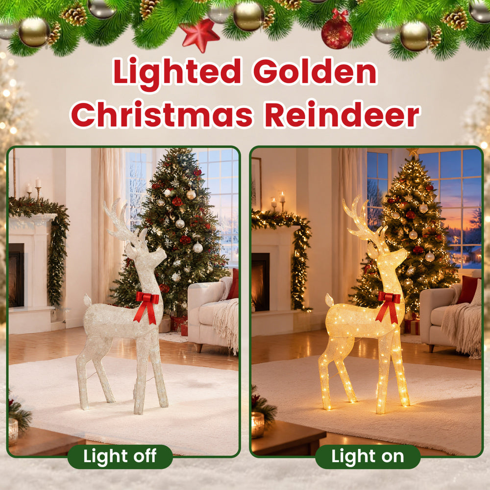 Lighted golden Christmas reindeer set with 130 warm LED lights, featuring a motorized head-shaking motion for festive charm.