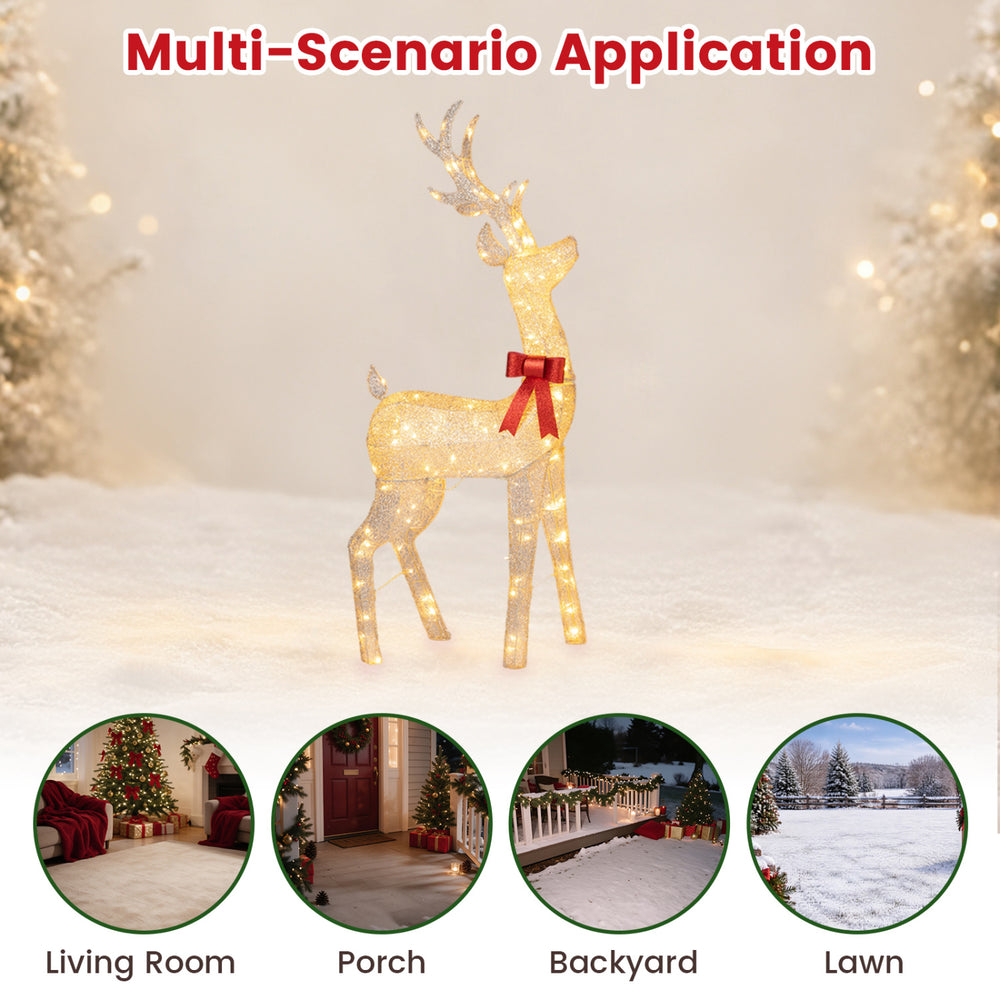 Lighted golden Christmas reindeer set with 130 warm yellow LED lights, perfect for festive outdoor decoration.