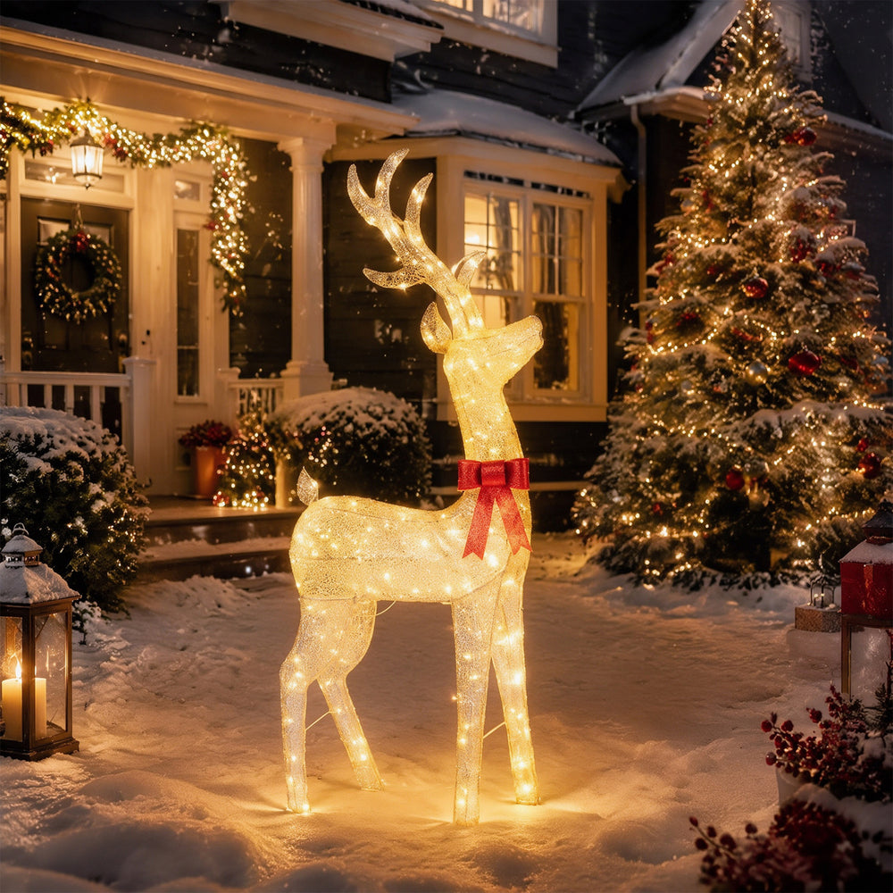Lighted golden Christmas reindeer with 130 warm LED lights, perfect for festive outdoor holiday displays.