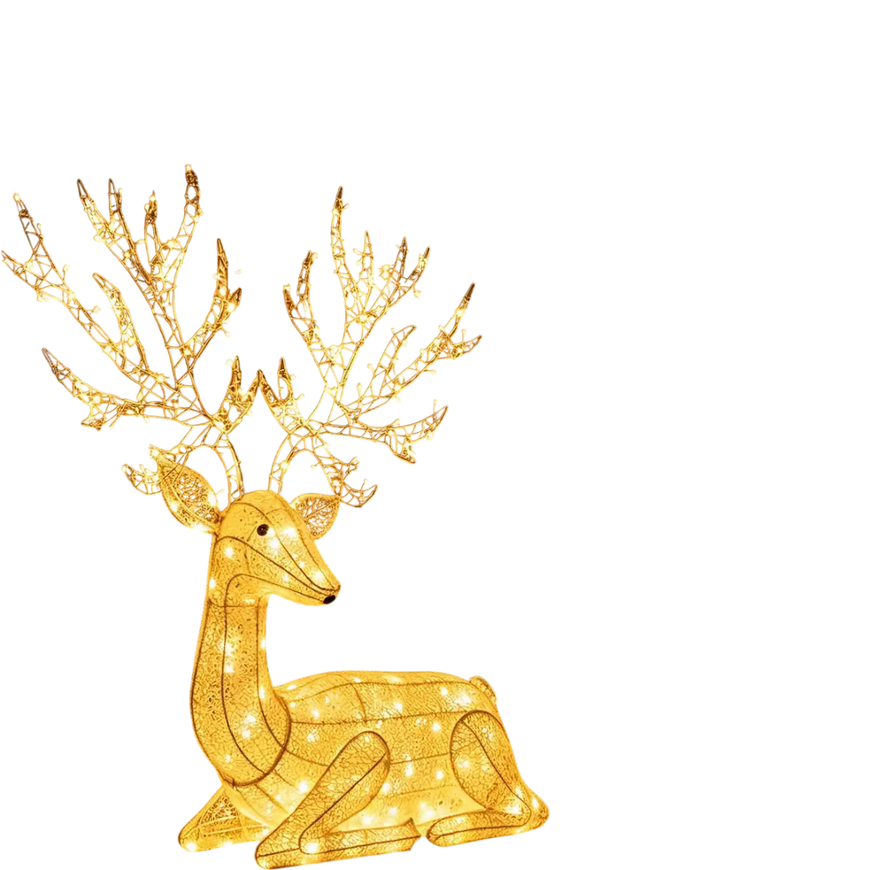Lighted kneeling Christmas reindeer with 280 warm white LED lights, showcasing a charming design for a festive entryway.