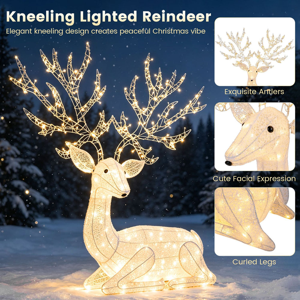 Kneeling lighted Christmas reindeer with 280 warm white LED lights, exquisite antlers, and curled legs for festive decor.