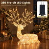 Lighted kneeling Christmas reindeer with 280 warm white LED lights, elegant design for festive indoor and outdoor decor.