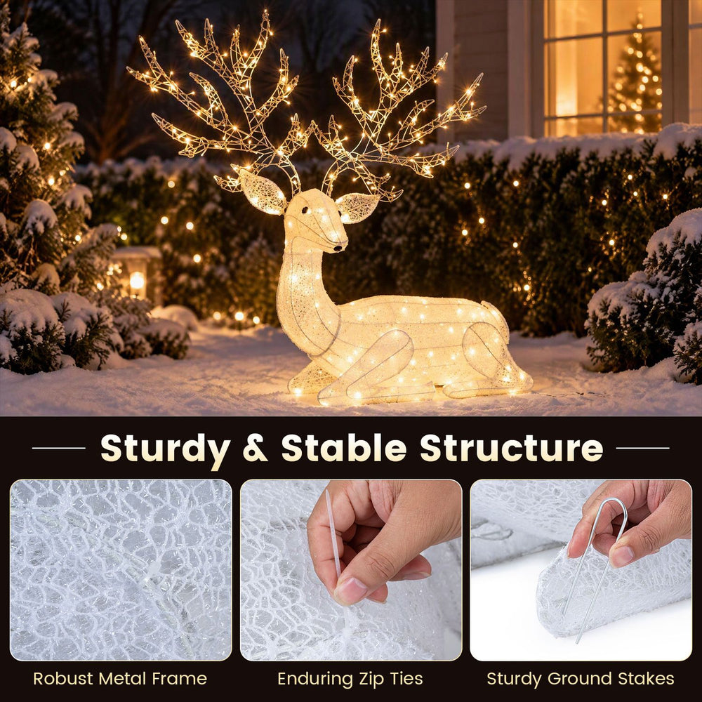 Kneeling Christmas reindeer with 280 warm white LED lights, robust metal frame, and sturdy ground stakes for outdoor display.