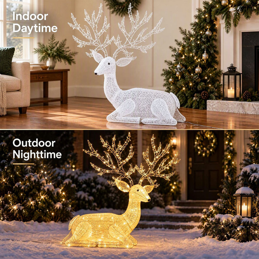 Lighted kneeling Christmas reindeer with 280 warm white LED lights, perfect for indoor and outdoor holiday decor.
