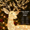 Lighted kneeling Christmas reindeer with 280 warm white LED lights, waterproof and sun-protective for festive outdoor decor.