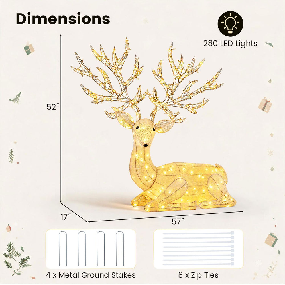 Kneeling Christmas reindeer with 280 warm white LED lights, featuring a robust metal frame for indoor and outdoor use.