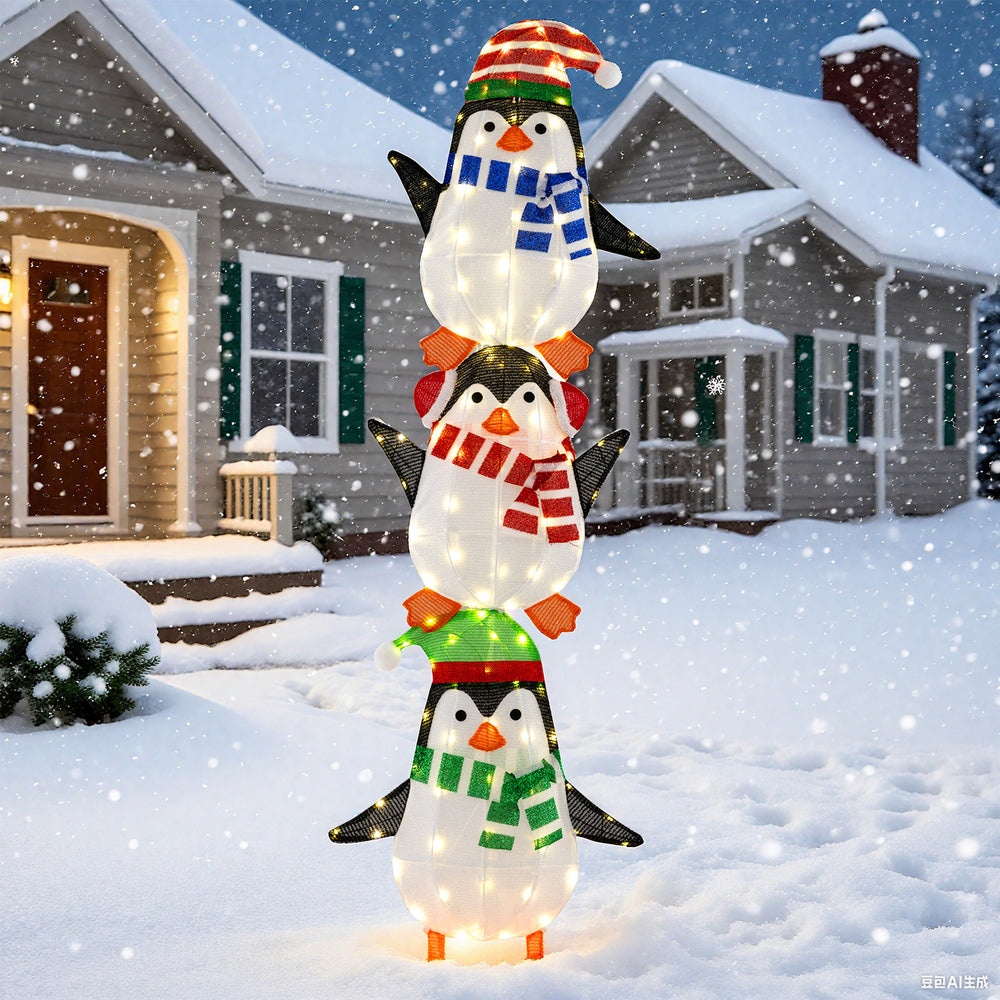 Stacked lighted penguins decoration with warm white lights and festive hats, perfect for holiday lawns or gardens.