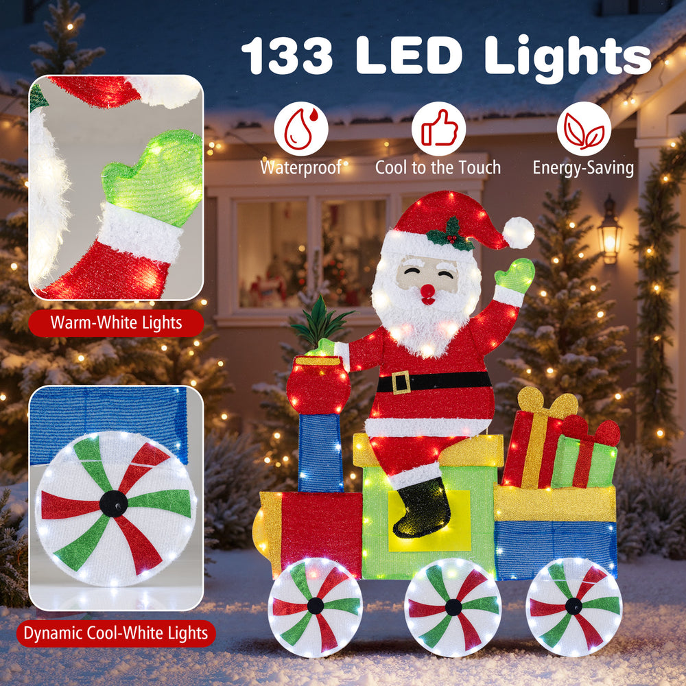 Lighted Santa on train decoration featuring 133 LED lights, warm-white and dynamic cool-white, ideal for outdoor.