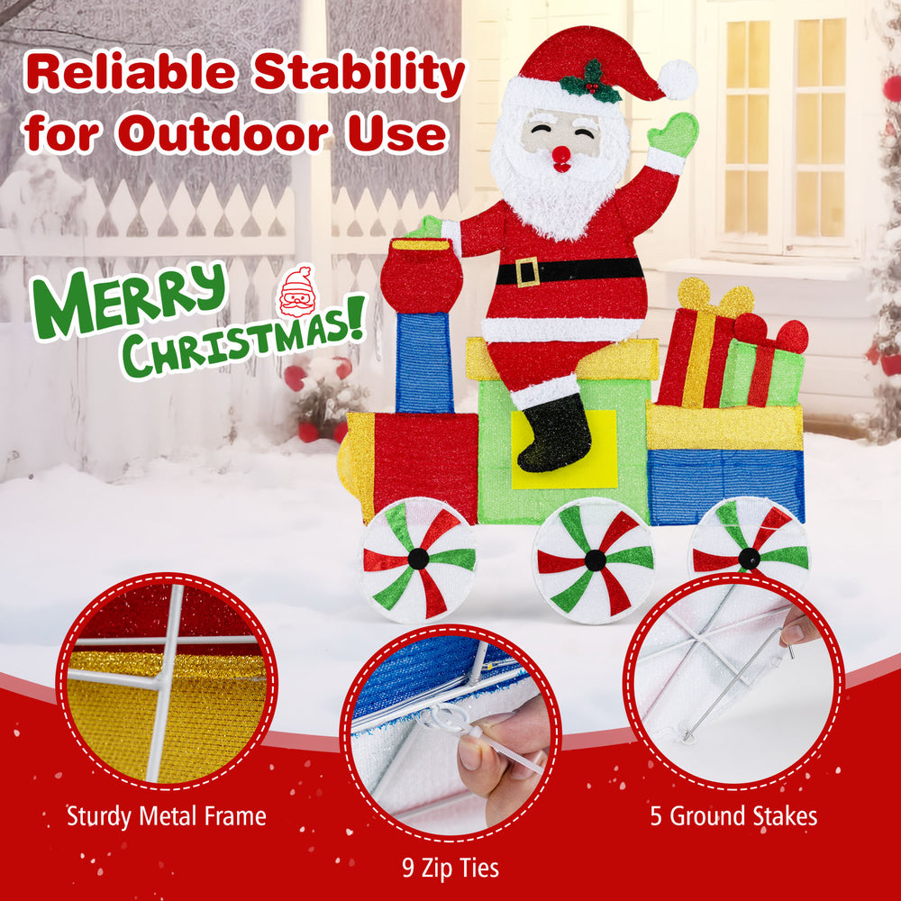 Lighted Santa on train decoration with LED lights, sturdy metal frame, and ground stakes for outdoor use.