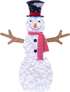 Lighted snowman Christmas decoration with 80 LED lights, tinsel fabric, and a classic hat and scarf for festive outdoor display.