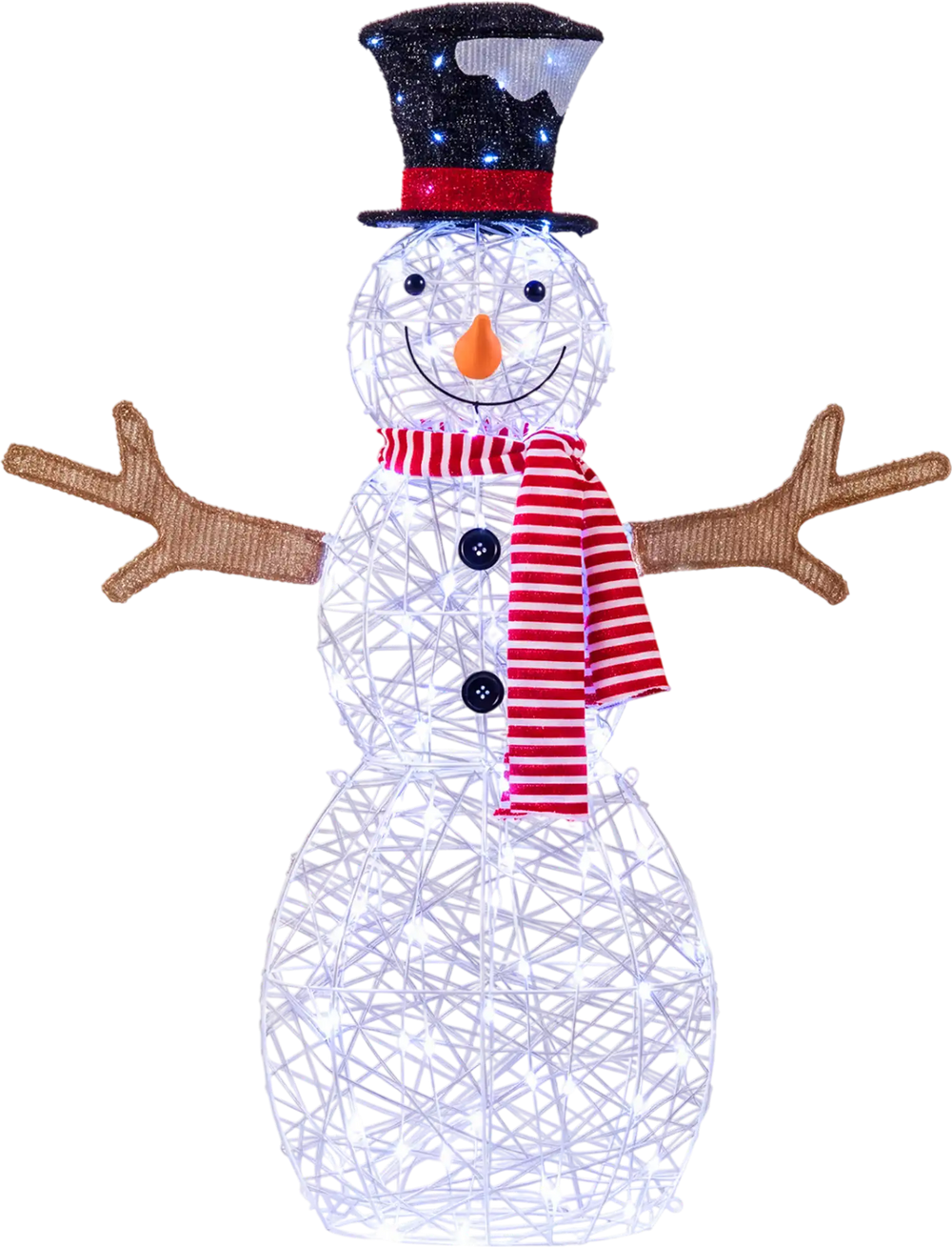 Lighted snowman Christmas decoration with 80 LED lights, tinsel fabric, and a classic hat and scarf for festive outdoor display.