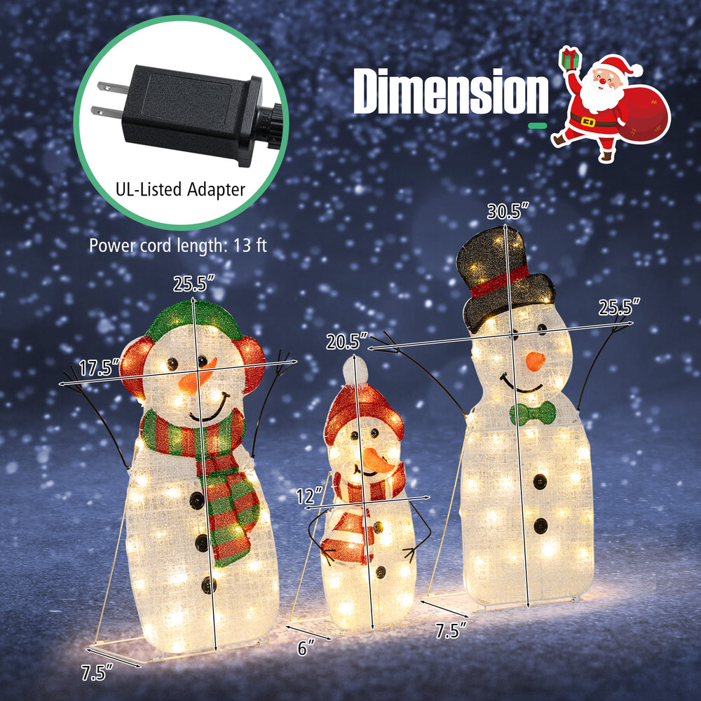 Lighted snowman family decoration set with 95 warm-white LED lights, featuring dad, mom, and baby snowmen for festive.