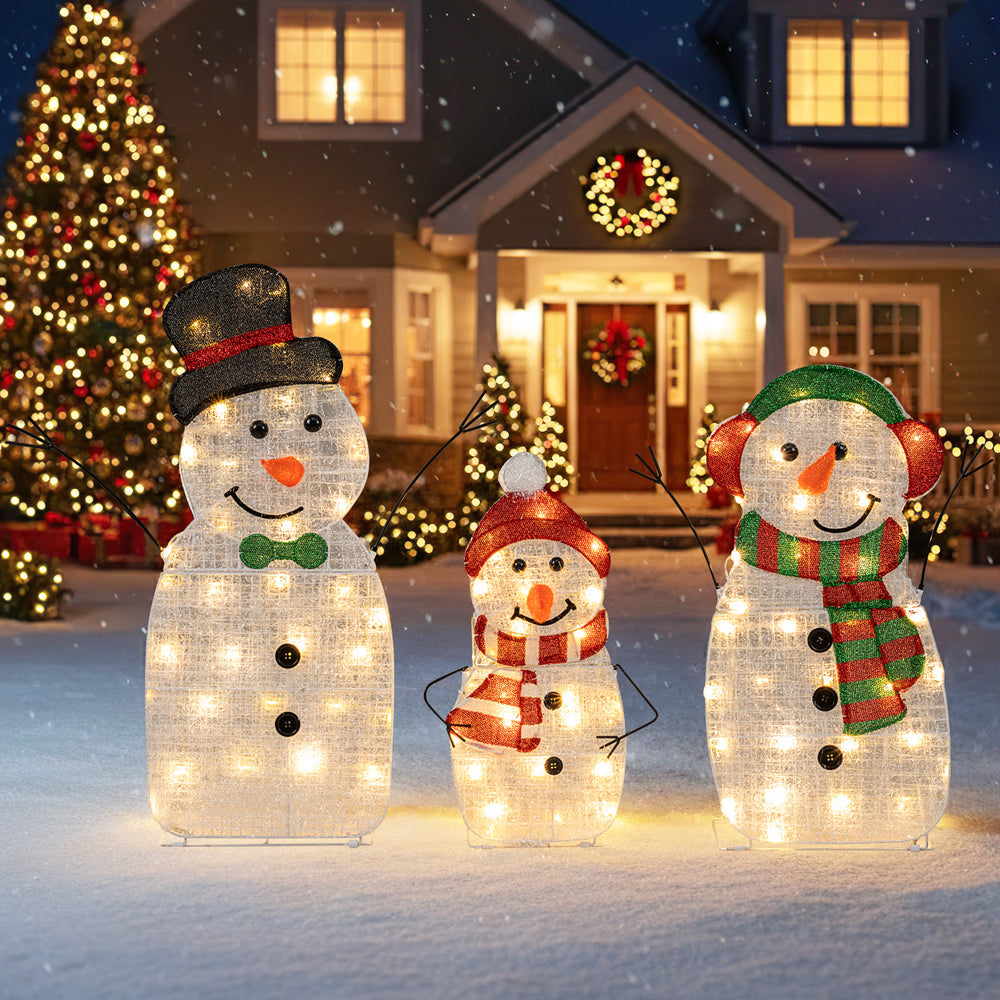 Lighted snowman family decoration set with 95 LED lights, featuring a dad, mom, and baby snowman for festive outdoor.