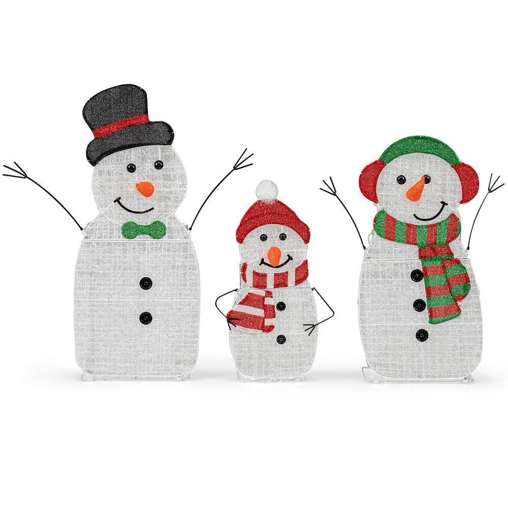 Lighted 3-piece snowman family decoration set with LED lights, featuring a dad, mom, and baby for festive outdoor.