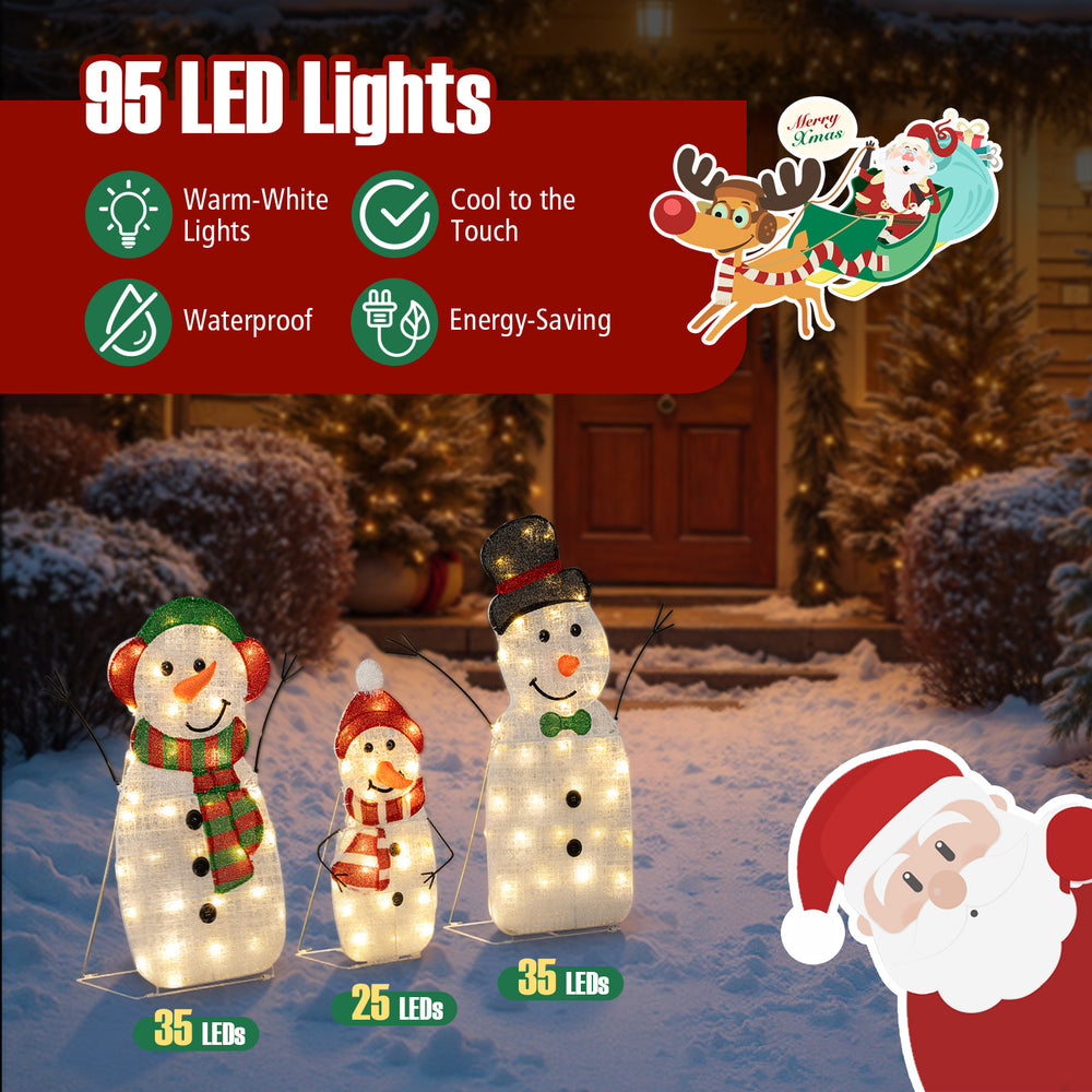 Lighted snowman family decoration set featuring 95 warm-white LED lights, perfect for festive outdoor displays.