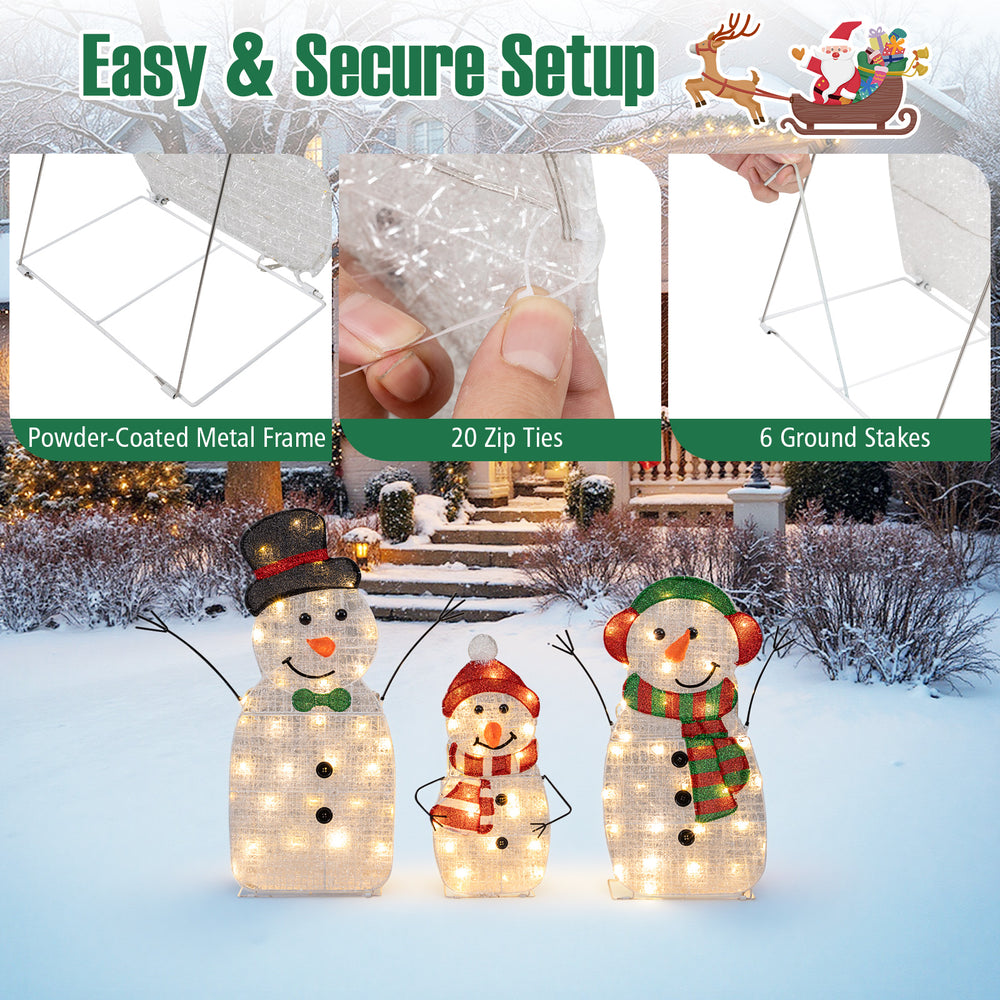 Lighted snowman family decoration set featuring three pre-lit snowmen with 95 warm-white LED lights for festive outdoor.