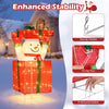 Lighted snowman in gift box with 100 warm LED lights, sturdy hooks, and ground stakes for enhanced outdoor stability.