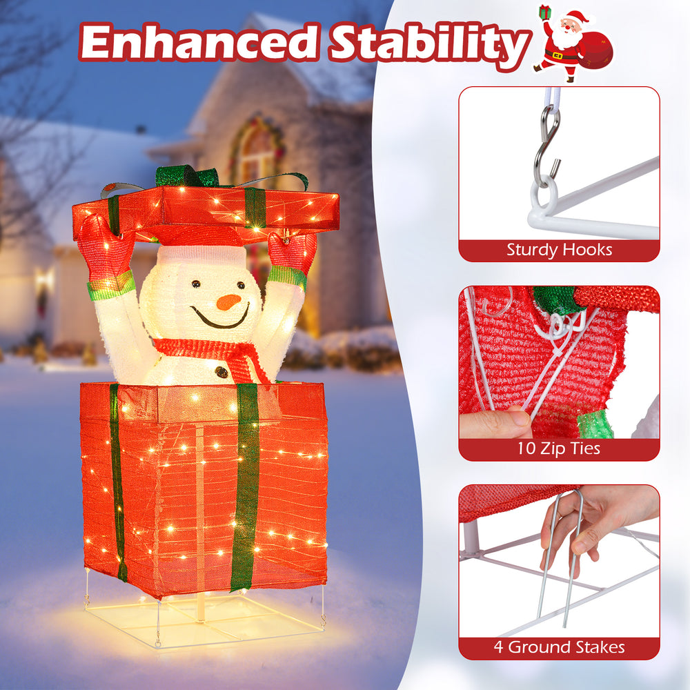 Lighted snowman in gift box with 100 warm LED lights, sturdy hooks, and ground stakes for enhanced outdoor stability.