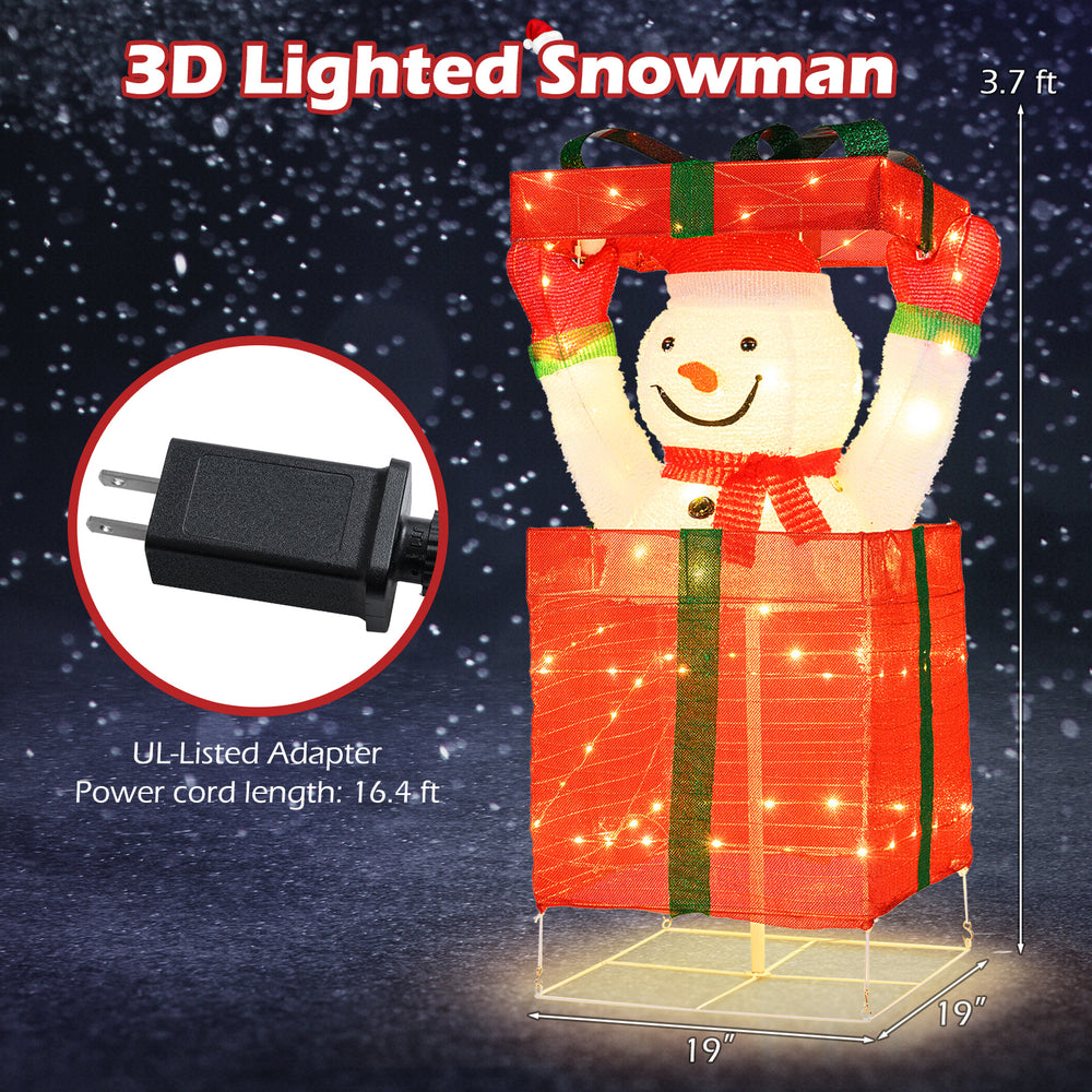 3D lighted snowman in a large gift box with 100 warm LED lights, perfect for indoor and outdoor Christmas decoration.