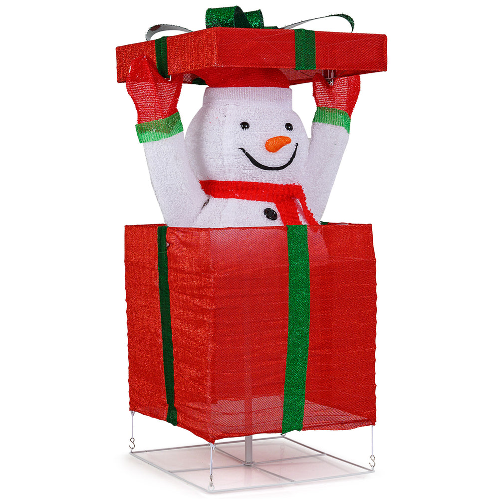 Lighted snowman in a large red gift box with 100 warm LED lights, perfect for indoor and outdoor Christmas decoration.