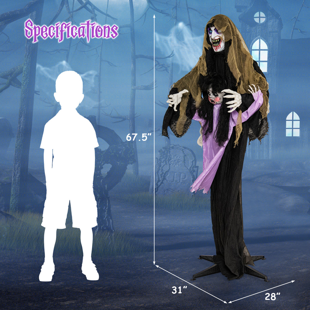 Lighted animated vampire Halloween decoration with LED, 67.5" tall, made of waterproof polyester for outdoor use.