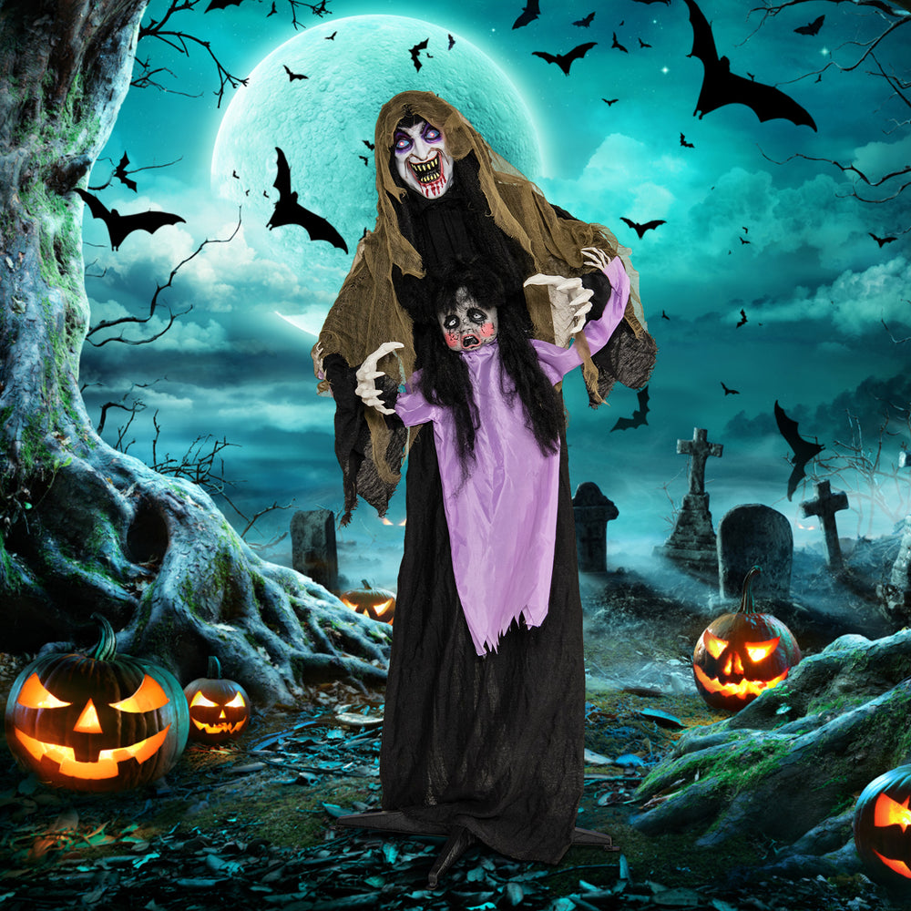 Lighted and animated Halloween vampire decoration with child design, featuring LED lights for outdoor yard display.