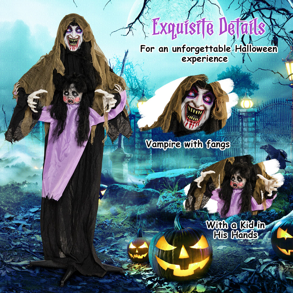 Lighted animated outdoor vampire decoration with child, featuring LED lights and durable polyester fabric for Halloween.