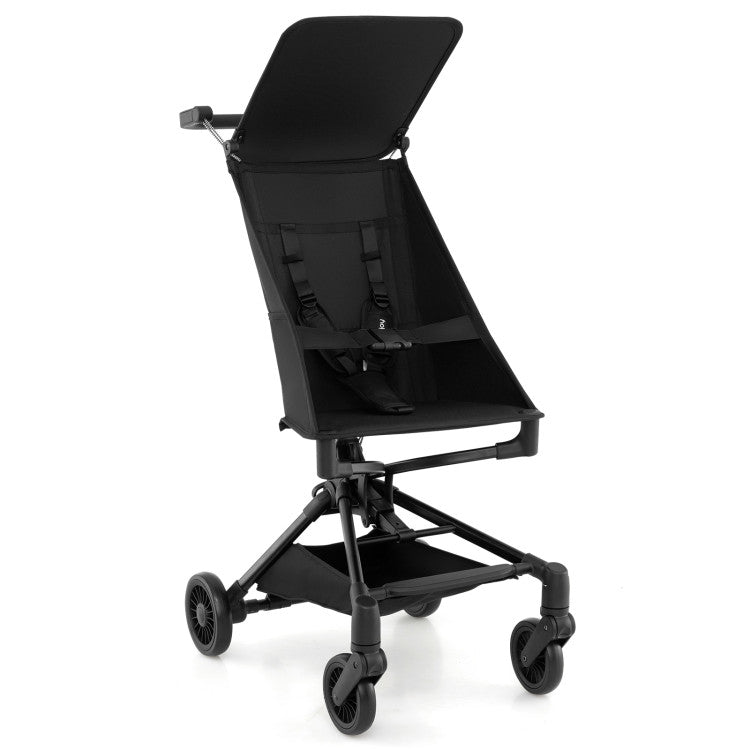 Lightweight airplane-ready stroller with all-terrain wheels, adjustable canopy, and compact folding design for easy.