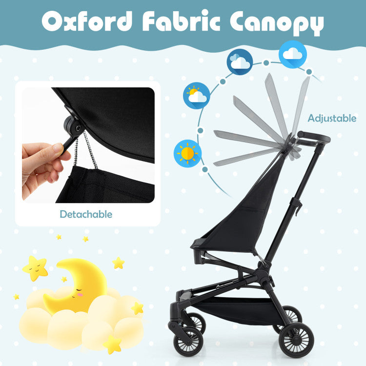 Lightweight airplane-ready stroller with adjustable black canopy, all-terrain wheels, and compact folding design for.