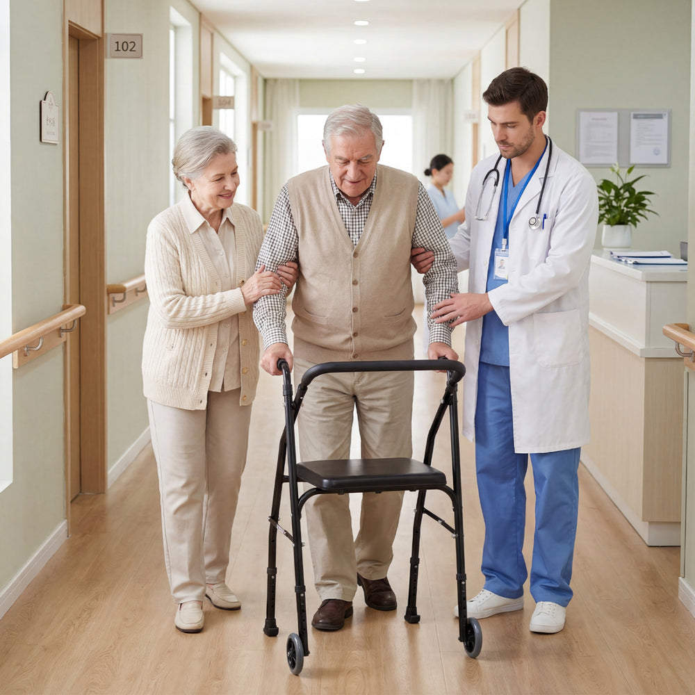 Lightweight aluminum mobility walker with padded seat, 2 wheels, and adjustable height for seniors' comfort and support.